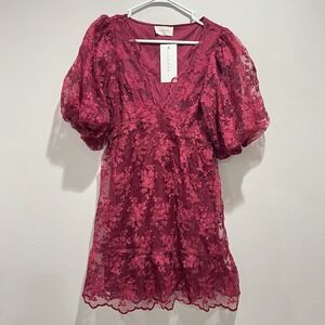 One Loved Babe‎ Dress Embroidary V Neck Puff Sleeve Line Burgundy Size M NWT $78